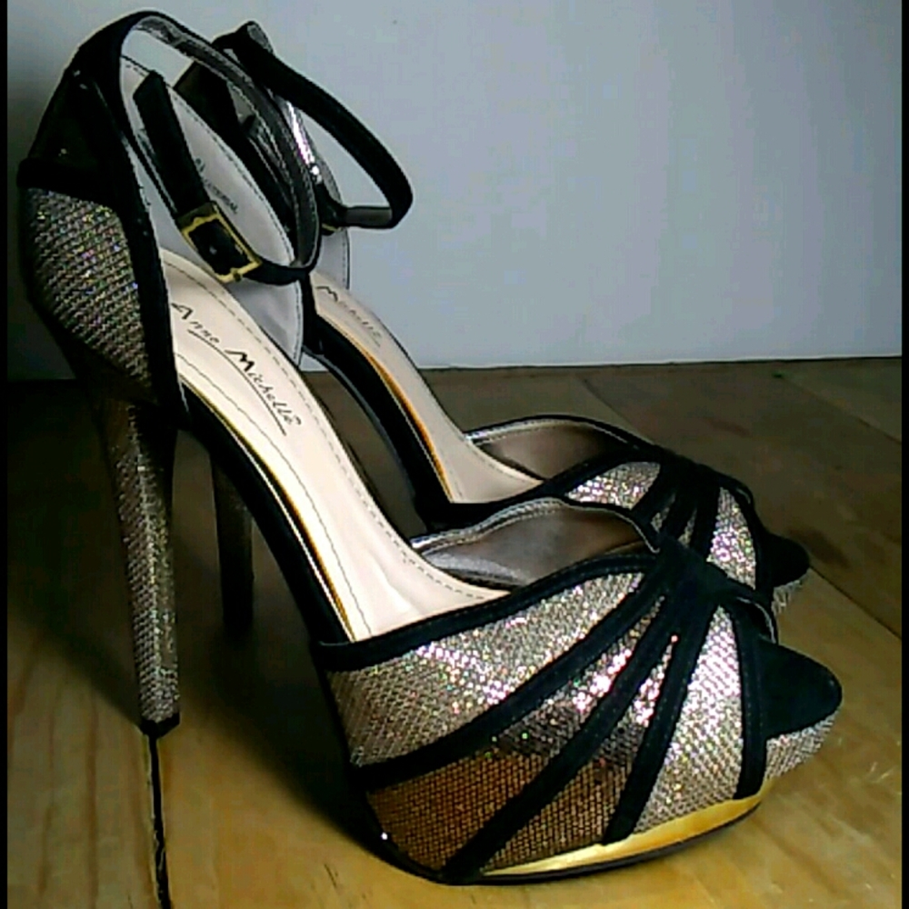 Shiny Black Gold and Silver 6" Heels 8.5